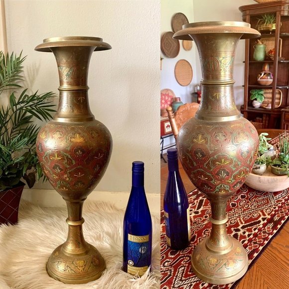 Large Etched Brass Floor Vase Bohemian Tall Boho